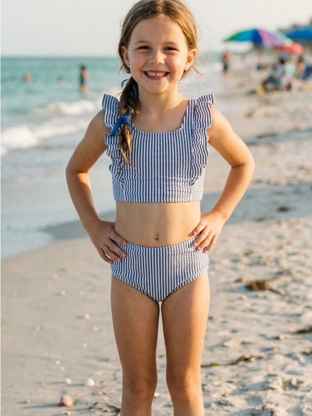 Ruffle Butts Seersucker Navy White Stripe 2 Piece Swimsuit Girls 7